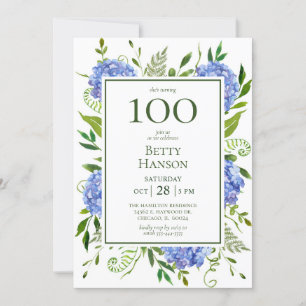 Convites Hortênsias Azuis de Aniversário de 100 anos