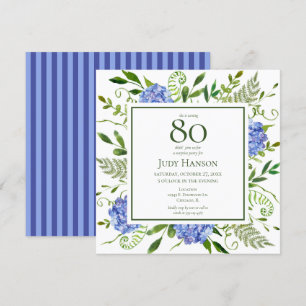 Convites Hortênsias Azuis de Aniversário de 80 Anos Floral