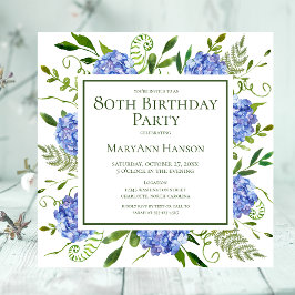 Convites Hortênsias Azuis de Aniversário de 80 Anos Floral