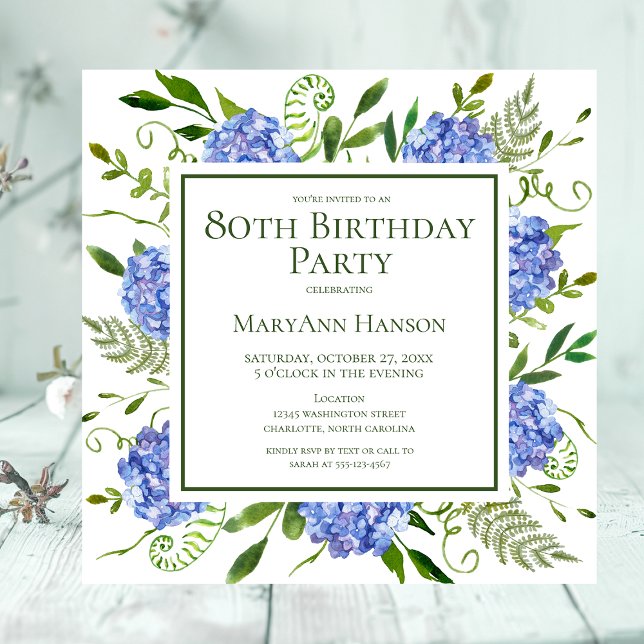 Convites Hortênsias Azuis de Aniversário de 80 Anos Floral  (Criador carregado)