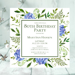Convites Hortênsias Azuis de Aniversário de 80 Anos Floral