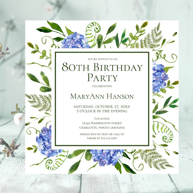 Convites Hortênsias Azuis de Aniversário de 80 Anos Floral  (Criador carregado)