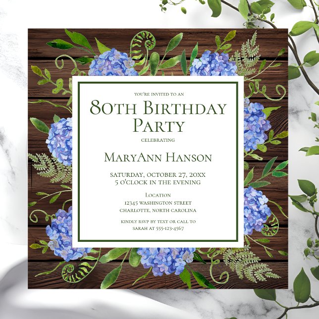 Convites Hortênsias Azuis de Aniversário de 80 Anos Floral  (Criador carregado)