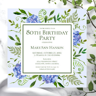 Convites Hortênsias Azuis de Aniversário de 80 Anos Floral