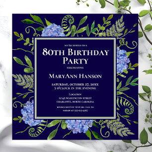 Convites Hortênsias Azuis de Aniversário de 80 Anos Floral
