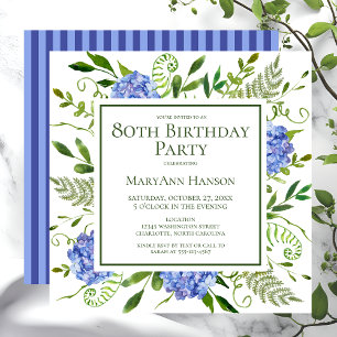 Convites Hortênsias Azuis de Aniversário de 80 Anos Floral