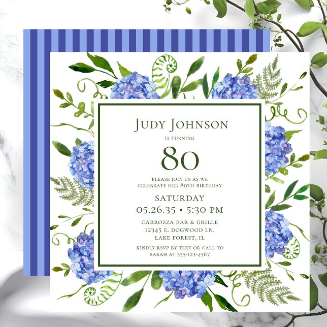 Convites Hortênsias Azuis de Aniversário de 80 Anos Floral  (Criador carregado)