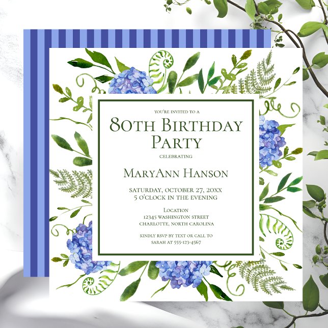 Convites Hortênsias Azuis de Aniversário de 80 Anos Floral  (Criador carregado)