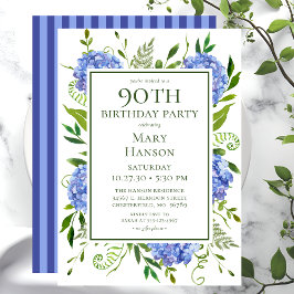 Convites Hortênsias Azuis de Aniversário de 90 Anos Aquarel
