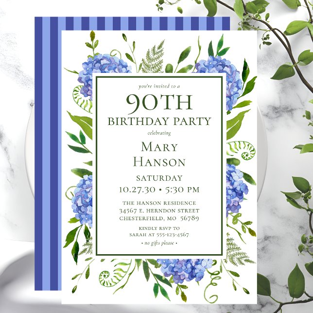 Convites Hortênsias Azuis de Aniversário de 90 Anos Aquarel (Criador carregado)