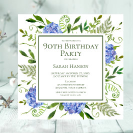 Convites Hortênsias Azuis de Aniversário de 90 Anos Aquarel