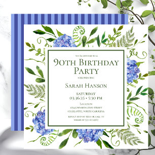 Convites Hortênsias Azuis de Aniversário de 90 Anos Aquarel