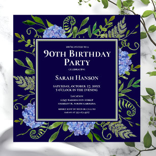 Convites Hortênsias Azuis de Aniversário de 90 anos Aquarel