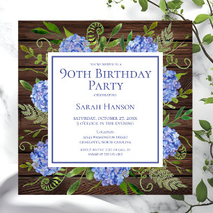 Convites Hortênsias Azuis de Aniversário de 90 Anos Aquarel