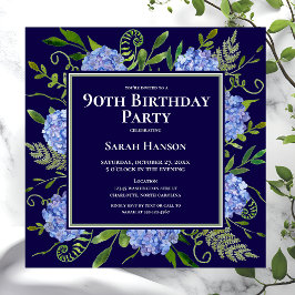 Convites Hortênsias Azuis de Aniversário de 90 Anos Aquarel