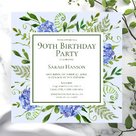 Convites Hortênsias Azuis de Aniversário de 90 Anos Aquarel
