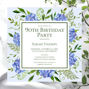 Convites Hortênsias Azuis de Aniversário de 90 Anos Aquarel
