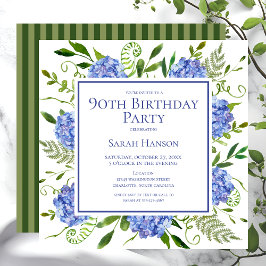 Convites Hortênsias Azuis de Aniversário de 90 Anos Aquarel