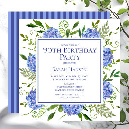 Convites Hortênsias Azuis de Aniversário de 90 Anos Aquarel