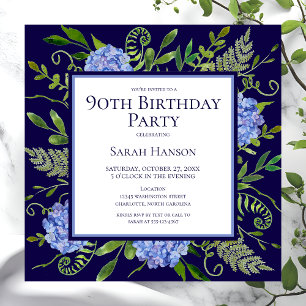 Convites Hortênsias Azuis de Aniversário de 90 Anos Aquarel