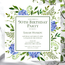 Convites Hortênsias Azuis de Aniversário de 90 Anos Aquarel