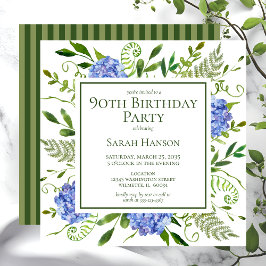 Convites Hortênsias Azuis de Aniversário de 90 Anos Aquarel