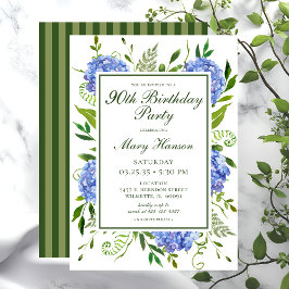 Convites Hortênsias Azuis de Aniversário de 90 Anos Aquarel