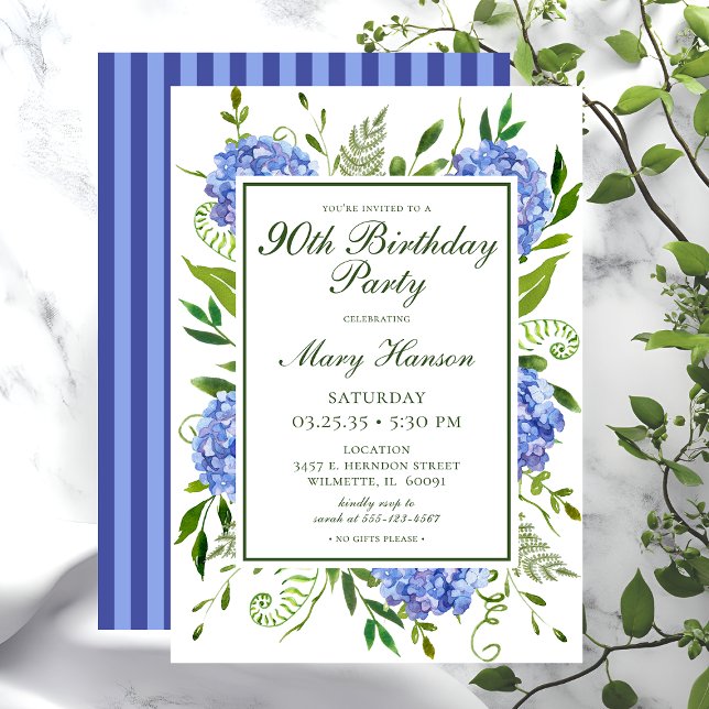 Convites Hortênsias Azuis de Aniversário de 90 Anos Aquarel (Criador carregado)