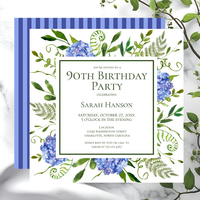 Convites Hortênsias Azuis de Aniversário de 90 Anos Aquarel (Criador carregado)