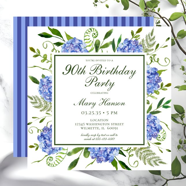 Convites Hortênsias Azuis de Aniversário de 90 Anos Aquarel (Criador carregado)