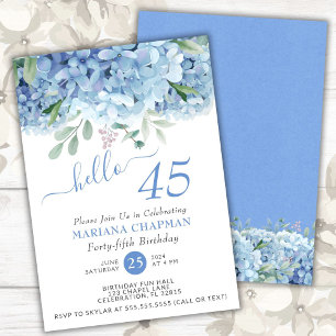 Convites Hortênsias Azuis Floral Aquarela Aniversário de 45