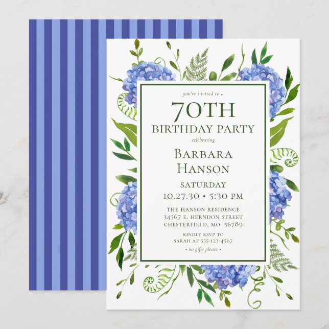Convites Hortênsias Azuis para 70º Aniversário (Frente/Verso)