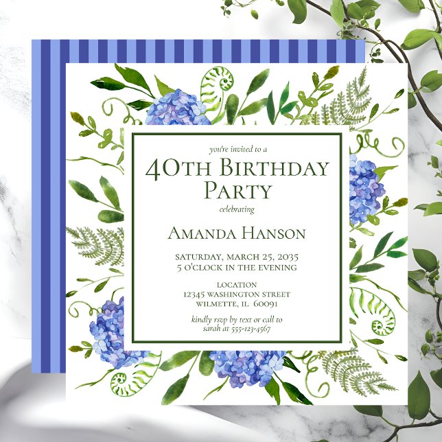 Convites Hortênsias Azuis para o 40º Aniversário (Criador carregado)