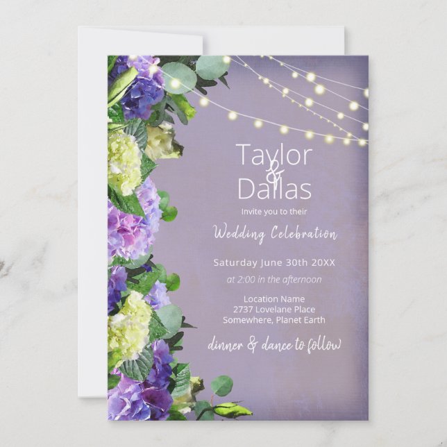 Convites Hortênsias Marfim e Roxo | Casamento Roxo (Frente)
