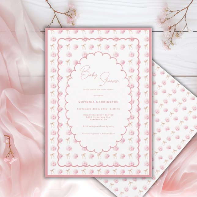 Convites Hortênsias Rosa e Fitas Elegante Chá de Bebê (Criador carregado)