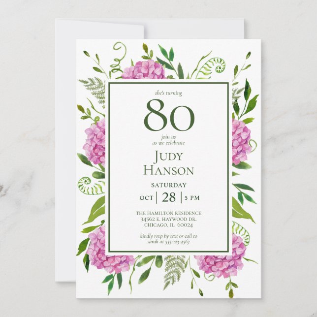 Convites Hortênsias Rosa pelo 80º Aniversário (Frente)