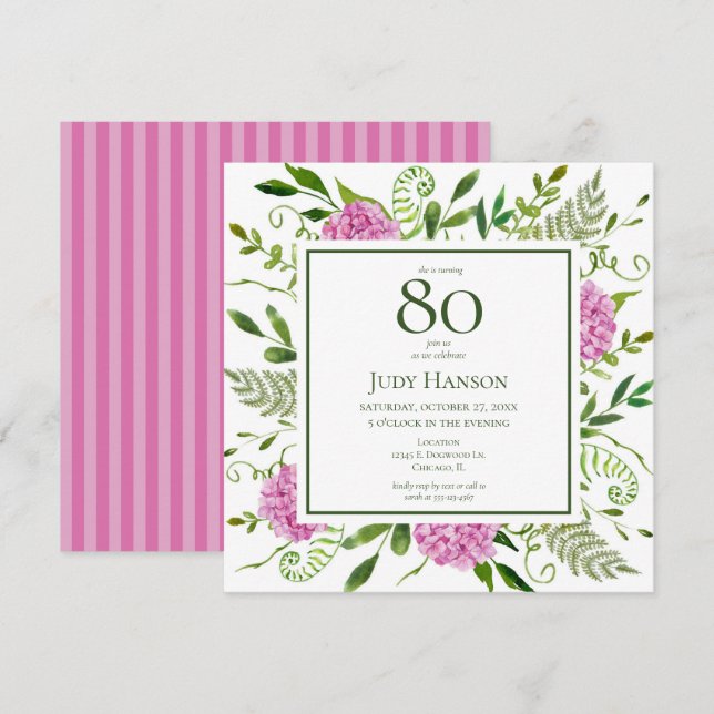 Convites Hortênsias Rosa pelo 80º Aniversário (Frente/Verso)