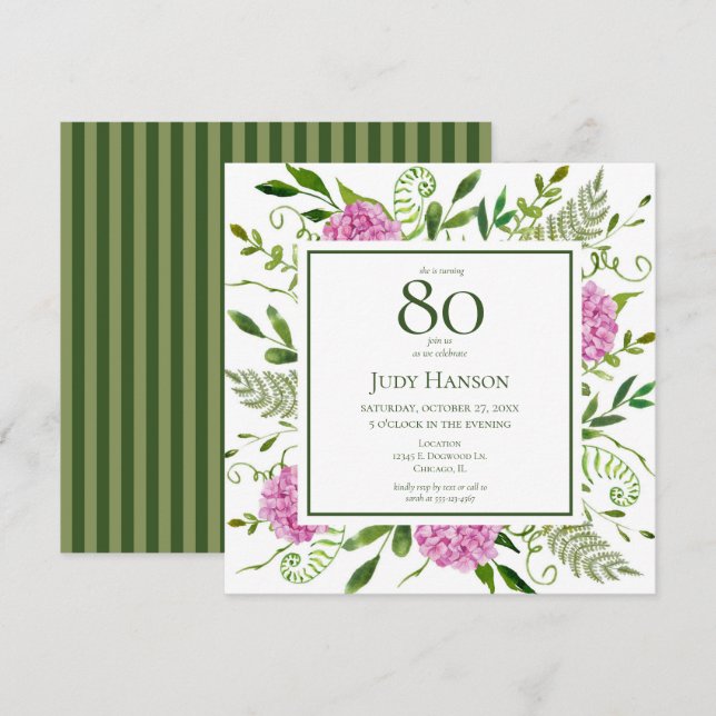 Convites Hortênsias Rosa pelo 80º Aniversário (Frente/Verso)