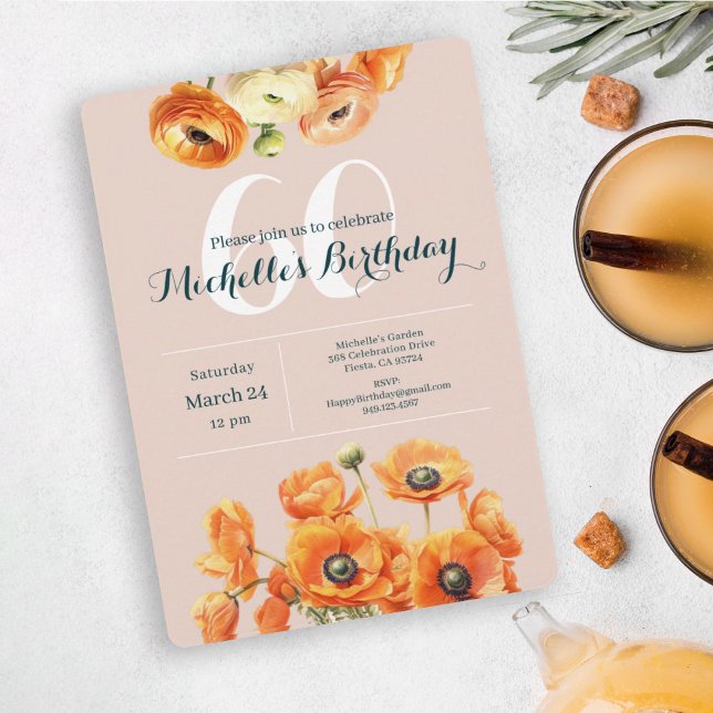 Convites Horto Rosa Laranja Floral 60ª Festa de aniversário (Criador carregado)