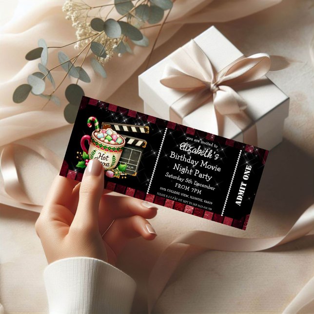 Convites Hot Cocoa Movie Night Birthday Party Ticket (Criador carregado)