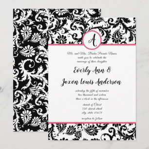 Convites Hot Pink & Black Floral Damask Wedding Invitation