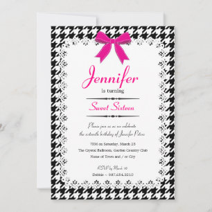 Convites Hot Pink & Black White Houndstooth Sweet 16