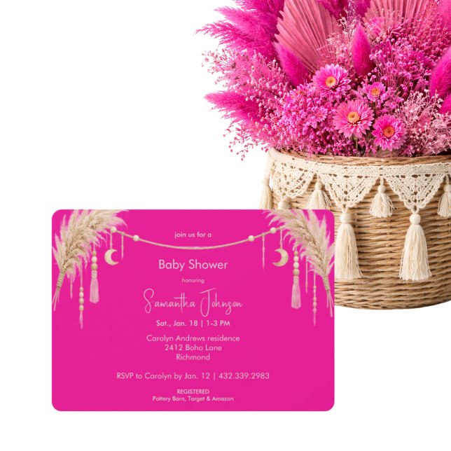 Convites Hot Pink Boho Pampas Baby Shower (Criador carregado)