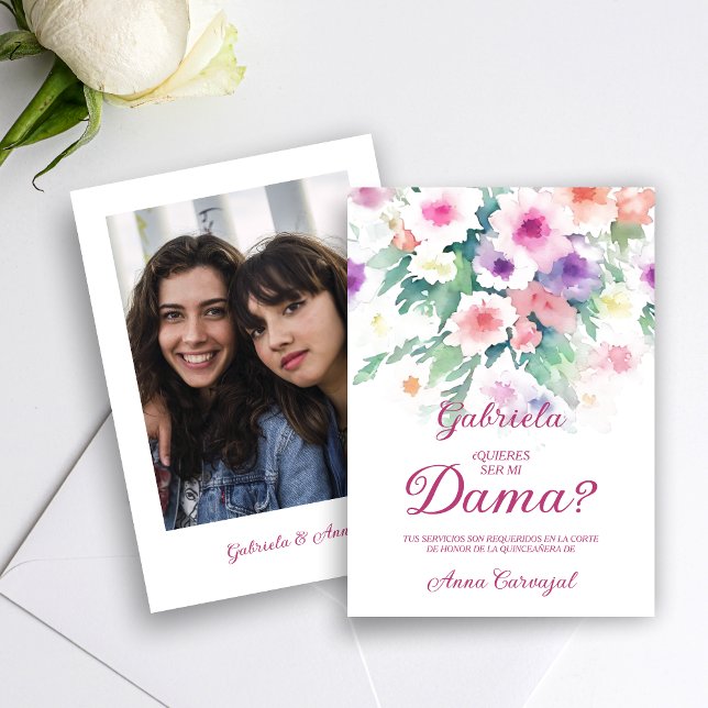 Convites Hot Pink Charming Delicate Wildflowers Quinceañera (Hot Pink Spanish Charming Delicate Colorful Wildflowers Quinceañera Dama with Photo Proposal Card. )