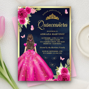 Convites Hot Pink Floral Borboleta Azul Marinho Dourado Qui
