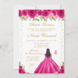 Convites Hot Pink Floral Dark Skin Princess Sweet Sixteen