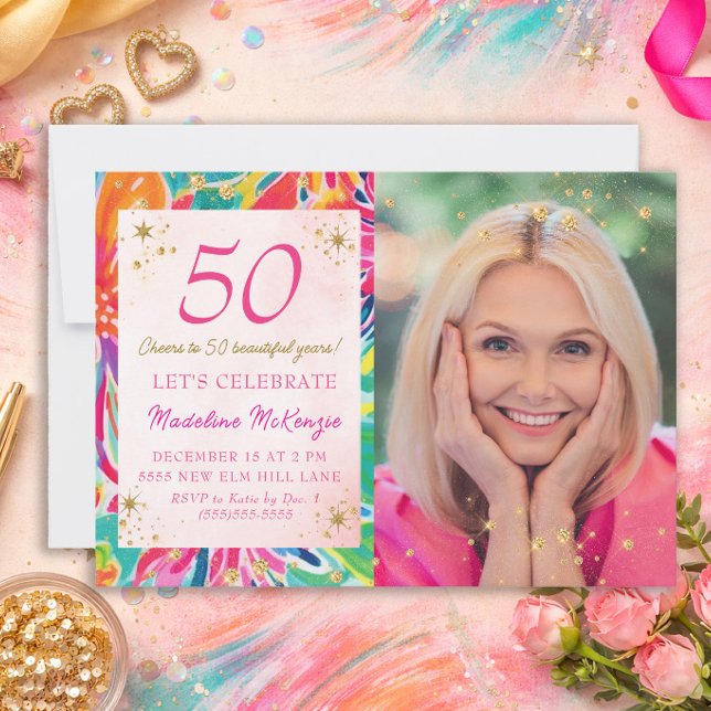 Convites Hot Pink Orange Flowers Gold Glitter Photo 50th (Hot pink and orange 50th birthday photo invitation)