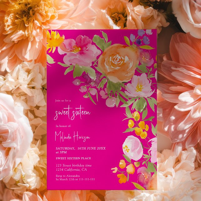 Convites Hot Pink romantic summer floral sweet 16 (Hot Pink romantic summer floral sweet 16 Invitation)
