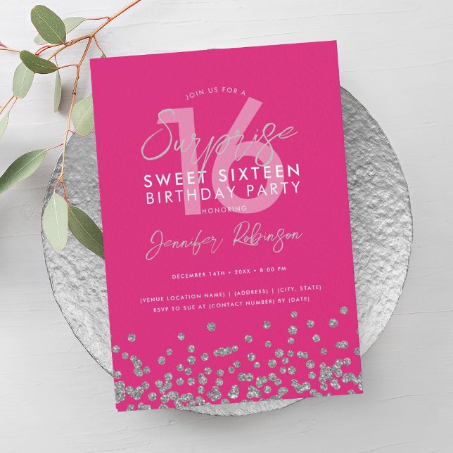 Convites Hot Pink Silver Glitter Surprise Sweet 16 (Hot Pink Silver Glitter Surprise Sweet 16 Invitation)