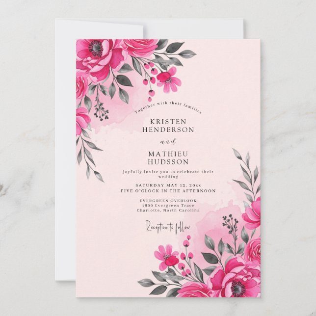 Convites Hot Pink Watercolor Spring Wedding (Frente)